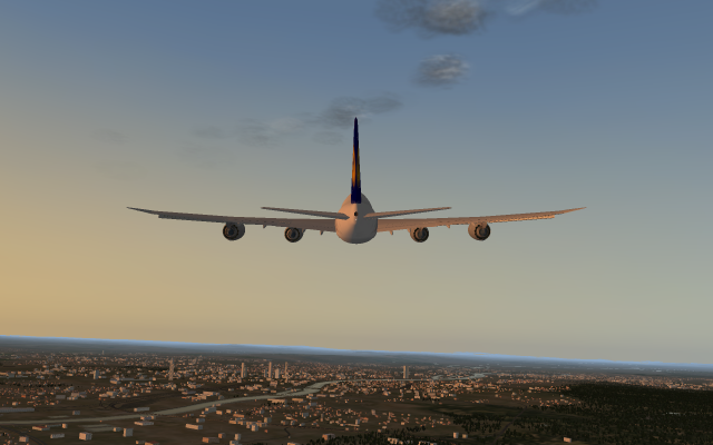 Lufthansa B758 flying over Frankfurt