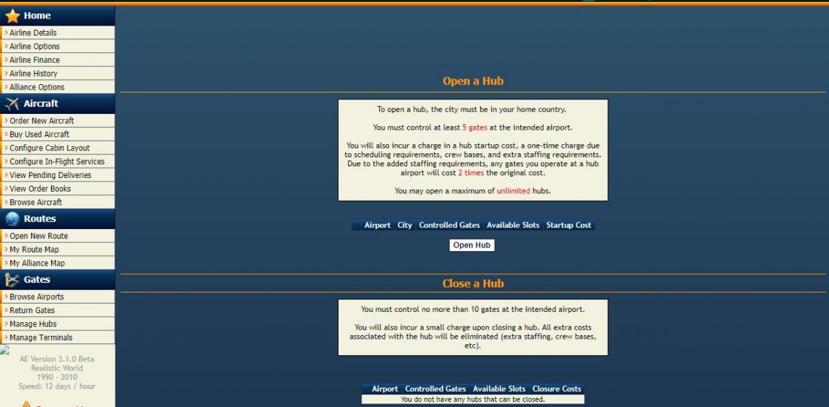 cant open new hub Airline Empires